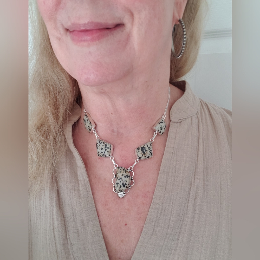 New Dalmation Jasper & Silver Necklace, Natural Gemstones, Handmade By Artisans
